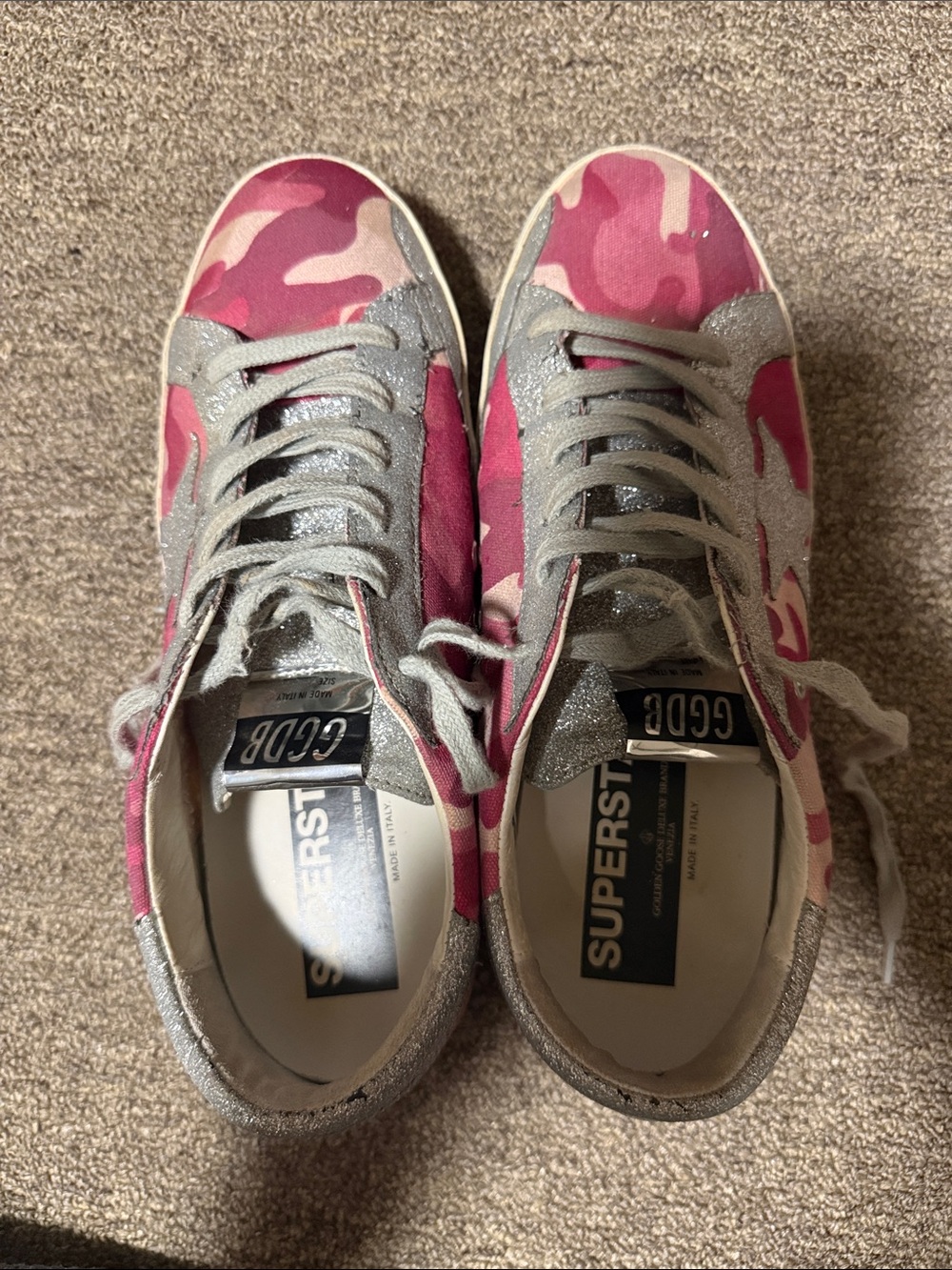 Golden Goose Pink Camo Super-Star Sneakers with Silver Glitter - Picture 1 of 7